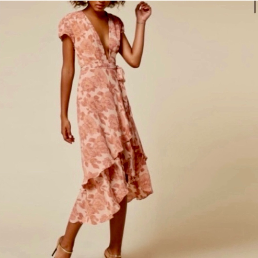 Reformation Cassia Peach Floral Print High Low Midi Wrap Dress‎ Size:Medium